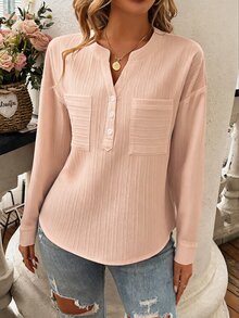 Franclia Women's Casual Vacation & Commute Solid Color Textured Fabric Notch Collar Patchwork Pocket Dropped Shoulder Loose Blouse, Spring/Autumn - Dusty Pink - View 7