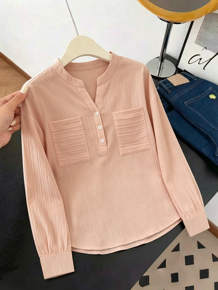 Franclia Women's Casual Vacation & Commute Solid Color Textured Fabric Notch Collar Patchwork Pocket Dropped Shoulder Loose Blouse, Spring/Autumn - Dusty Pink - View 3