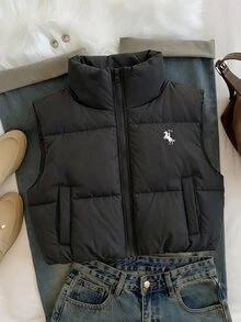 SHEIN 青少年女孩美式極簡黑色立領棉質背心，抓絨，秋季，節日，休閒 - 黑色 - 查看 5
