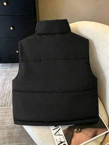 SHEIN 青少年女孩美式極簡黑色立領棉質背心，抓絨，秋季，節日，休閒 - 黑色 - 查看 4