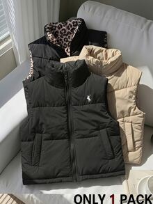 SHEIN 青少年女孩美式極簡黑色立領棉質背心，抓絨，秋季，節日，休閒 - 黑色 - 查看 2