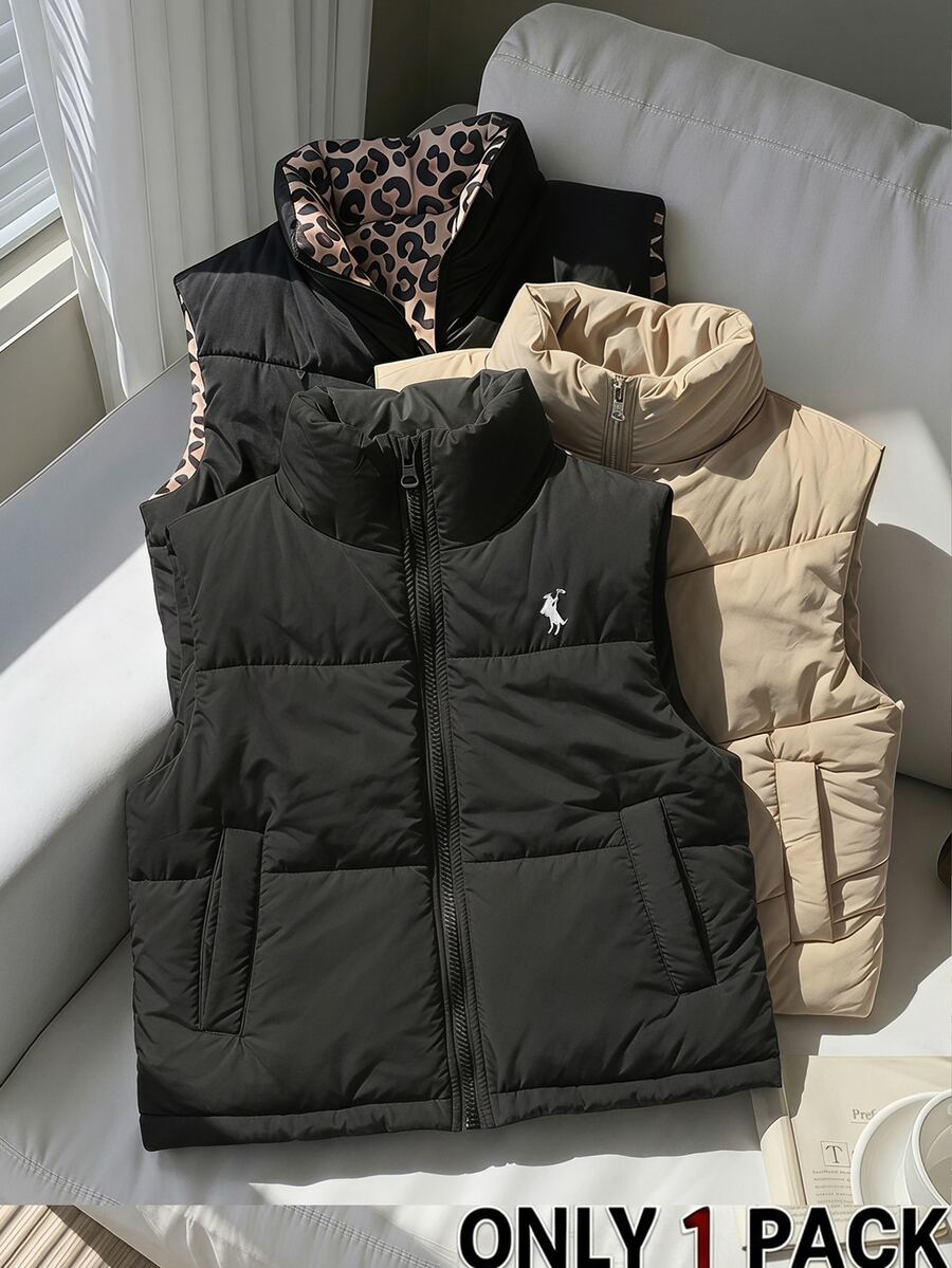 SHEIN 青少年女孩美式極簡黑色立領棉質背心，抓絨，秋季，節日，休閒