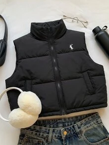 SHEIN 青少年女孩美式極簡黑色立領棉質背心，抓絨，秋季，節日，休閒 - 黑色 - 查看 6