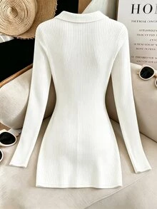 SHEIN Franclia Autumn Polo Collar V Neck Knit Mini Women Dress Single Breasted Ribbed Long Sleeve A Line Dresses Date Night Outfit Casual Smart Wear - White - View 5