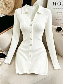 SHEIN Franclia Autumn Polo Collar V Neck Knit Mini Women Dress Single Breasted Ribbed Long Sleeve A Line Dresses Date Night Outfit Casual Smart Wear - White - View 8