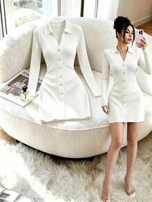 SHEIN Franclia Autumn Polo Collar V Neck Knit Mini Women Dress Single Breasted Ribbed Long Sleeve A Line Dresses Date Night Outfit Casual Smart Wear - White - View 6