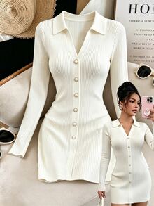 SHEIN Franclia Autumn Polo Collar V Neck Knit Mini Women Dress Single Breasted Ribbed Long Sleeve A Line Dresses Date Night Outfit Casual Smart Wear - White - View 4