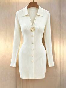SHEIN Franclia Autumn Polo Collar V Neck Knit Mini Women Dress Single Breasted Ribbed Long Sleeve A Line Dresses Date Night Outfit Casual Smart Wear - White - View 3