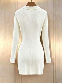 SHEIN Franclia Autumn Polo Collar V Neck Knit Mini Women Dress Single Breasted Ribbed Long Sleeve A Line Dresses Date Night Outfit Casual Smart Wear - White - View 2