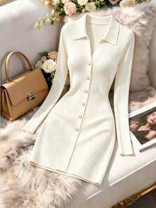 SHEIN Franclia Autumn Polo Collar V Neck Knit Mini Women Dress Single Breasted Ribbed Long Sleeve A Line Dresses Date Night Outfit Casual Smart Wear - White - View 1