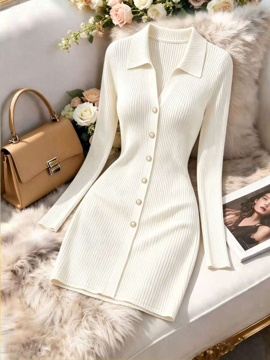 SHEIN Franclia Autumn Polo Collar V Neck Knit Mini Women Dress Single Breasted Ribbed Long Sleeve A Line Dresses Date Night Outfit Casual Smart Wear - White - View 1