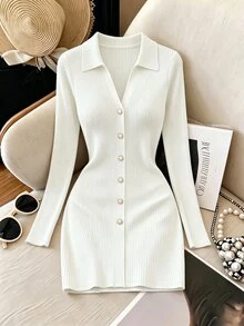 SHEIN Franclia Autumn Polo Collar V Neck Knit Mini Women Dress Single Breasted Ribbed Long Sleeve A Line Dresses Date Night Outfit Casual Smart Wear - White - View 7