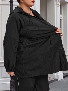 SHEIN CURVE+ Plus Size Women's Solid Color Waist-Cinching Jacket, Autumn/Winter Fall - Black - View 3