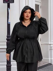 SHEIN CURVE+ Plus Size Women's Solid Color Waist-Cinching Jacket, Autumn/Winter Fall - Black - View 6