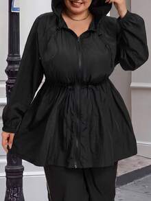 SHEIN CURVE+ Plus Size Women's Solid Color Waist-Cinching Jacket, Autumn/Winter Fall - Black - View 4