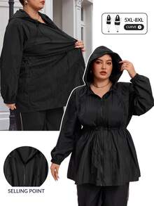 SHEIN CURVE+ Plus Size Women's Solid Color Waist-Cinching Jacket, Autumn/Winter Fall - Black - View 7