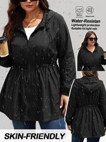SHEIN CURVE+ Plus Size Women's Solid Color Waist-Cinching Jacket, Autumn/Winter Fall - Black - View 1