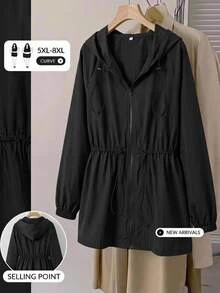 SHEIN CURVE+ Plus Size Women's Solid Color Waist-Cinching Jacket, Autumn/Winter Fall - Black - View 5