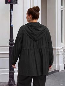 SHEIN CURVE+ Plus Size Women's Solid Color Waist-Cinching Jacket, Autumn/Winter Fall - Black - View 2