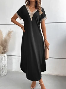EMERY ROSE Guipure Lace Panel Split Thigh Tee Dress Maxi Women Outfit - Black - View 7