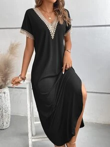 EMERY ROSE Guipure Lace Panel Split Thigh Tee Dress Maxi Women Outfit - Black - View 8