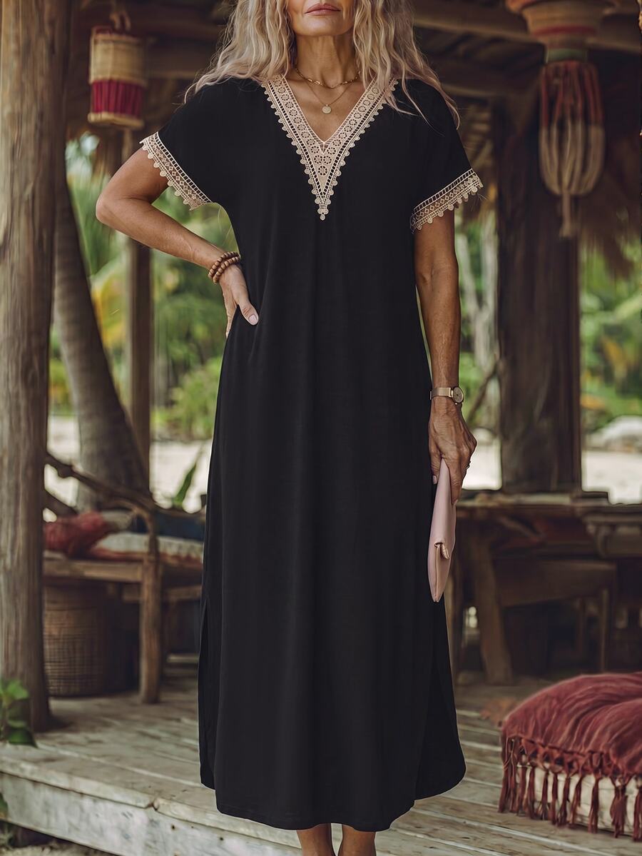 EMERY ROSE Guipure Lace Panel Split Thigh Tee Dress Maxi Women Outfit - Black - View 1
