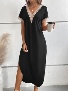 EMERY ROSE Guipure Lace Panel Split Thigh Tee Dress Maxi Women Outfit - Black - View 5