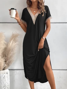 EMERY ROSE Guipure Lace Panel Split Thigh Tee Dress Maxi Women Outfit - Black - View 4