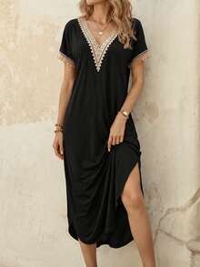 EMERY ROSE Guipure Lace Panel Split Thigh Tee Dress Maxi Women Outfit - Black - View 1