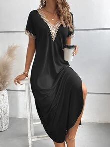EMERY ROSE Guipure Lace Panel Split Thigh Tee Dress Maxi Women Outfit - Black - View 6