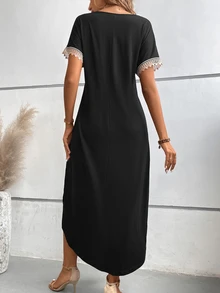 EMERY ROSE Guipure Lace Panel Split Thigh Tee Dress Maxi Women Outfit - Black - View 2