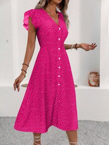 EMERY ROSE Women's Holiday Polka Dot Printed Single-Breasted Mini Cap Sleeve Dress - Hot Pink - View 6