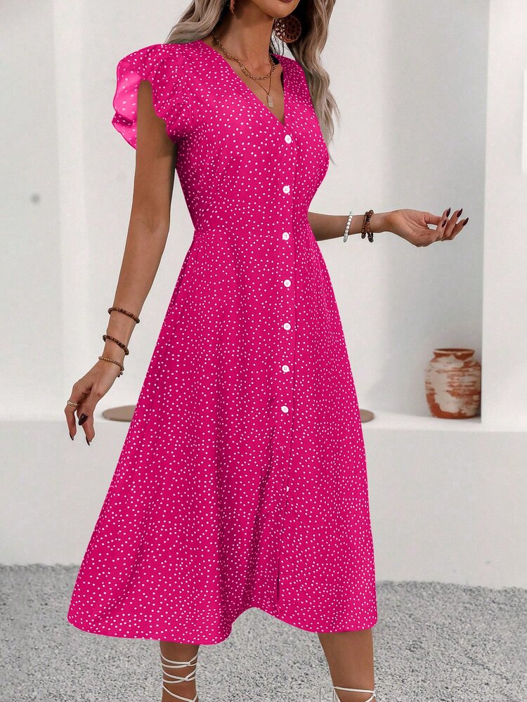 EMERY ROSE Vestido corto de manga corta con cuello solapa y estampado de lunares, ideal para vacaciones - Rosa Fucsia - Añade 6
