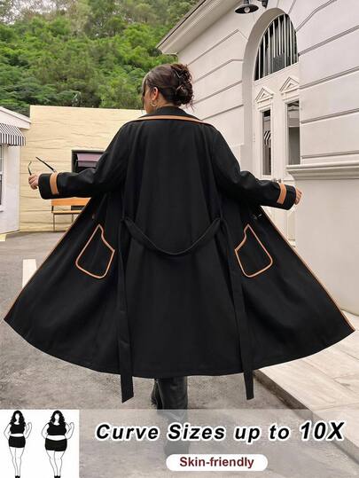 SHEIN CURVE+ Plus Size Contrast Trim Double Breasted Wool Blend Coat