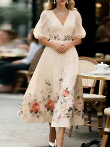 EMERY ROSE Elegant Floral Print Dress For Commuting, Summer - Apricot - View 6