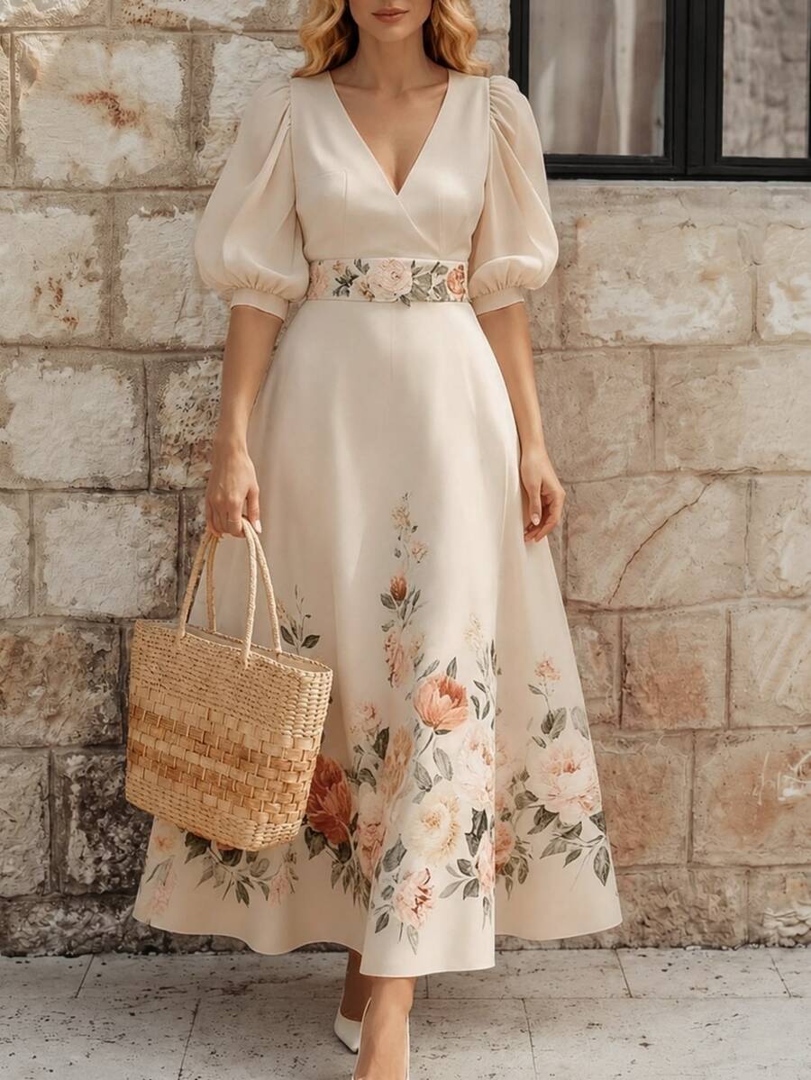 EMERY ROSE 优雅印花连衣裙,适合通勤和夏季穿着。 - 杏色 - 查看 1