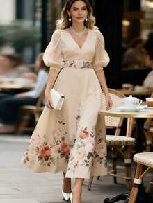EMERY ROSE Elegant Floral Print Dress For Commuting, Summer - Apricot - View 5