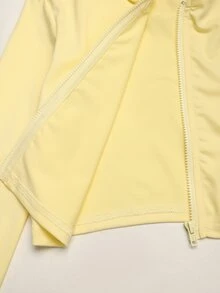SHEIN Girlism 青少年女孩 3 件套，青少年女孩奶油黃針織長袖連帽拉鍊外套、背心、單車緊身褲，瑜伽運動基礎極簡風女孩套裝 - 黃色 - 查看 5