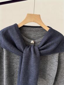 SHEIN 女士秋季时尚两件套毛衣套装：简约时尚，通勤必备，披肩式设计，二合一，圆领，直肩，长袖，撞色拼接，修身，纽扣针织开衫，百搭日常穿搭，松紧腰，无口袋，宽松针织藏蓝色长裤；灰色藏蓝色撞色毛衣两件套。适合女士冬季服装、圣诞节、新年服装、新年白色装扮、派对、海滩、优雅、休闲、女士休闲装、浪漫、情人节、约会、毕业季着装、时尚休闲通勤装、商务办公装、百搭时尚日常休闲装、都市教师职业装。 - 彩色 - 查看 8