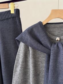 SHEIN 女士秋季时尚两件套毛衣套装：简约时尚，通勤必备，披肩式设计，二合一，圆领，直肩，长袖，撞色拼接，修身，纽扣针织开衫，百搭日常穿搭，松紧腰，无口袋，宽松针织藏蓝色长裤；灰色藏蓝色撞色毛衣两件套。适合女士冬季服装、圣诞节、新年服装、新年白色装扮、派对、海滩、优雅、休闲、女士休闲装、浪漫、情人节、约会、毕业季着装、时尚休闲通勤装、商务办公装、百搭时尚日常休闲装、都市教师职业装。 - 彩色 - 查看 5