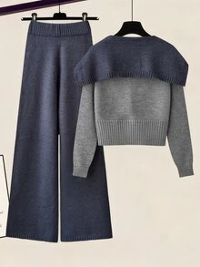 SHEIN 女士秋季时尚两件套毛衣套装：简约时尚，通勤必备，披肩式设计，二合一，圆领，直肩，长袖，撞色拼接，修身，纽扣针织开衫，百搭日常穿搭，松紧腰，无口袋，宽松针织藏蓝色长裤；灰色藏蓝色撞色毛衣两件套。适合女士冬季服装、圣诞节、新年服装、新年白色装扮、派对、海滩、优雅、休闲、女士休闲装、浪漫、情人节、约会、毕业季着装、时尚休闲通勤装、商务办公装、百搭时尚日常休闲装、都市教师职业装。 - 彩色 - 查看 2