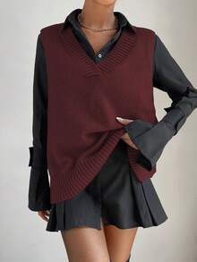 SHEIN PariChic Split High Low Hem Sweater Vest Without Shirt - Burgundy - View 6