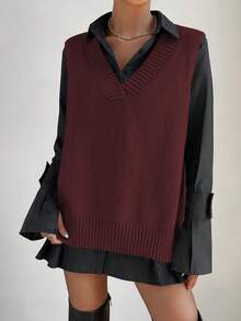 SHEIN PariChic Split High Low Hem Sweater Vest Without Shirt - Burgundy - View 9