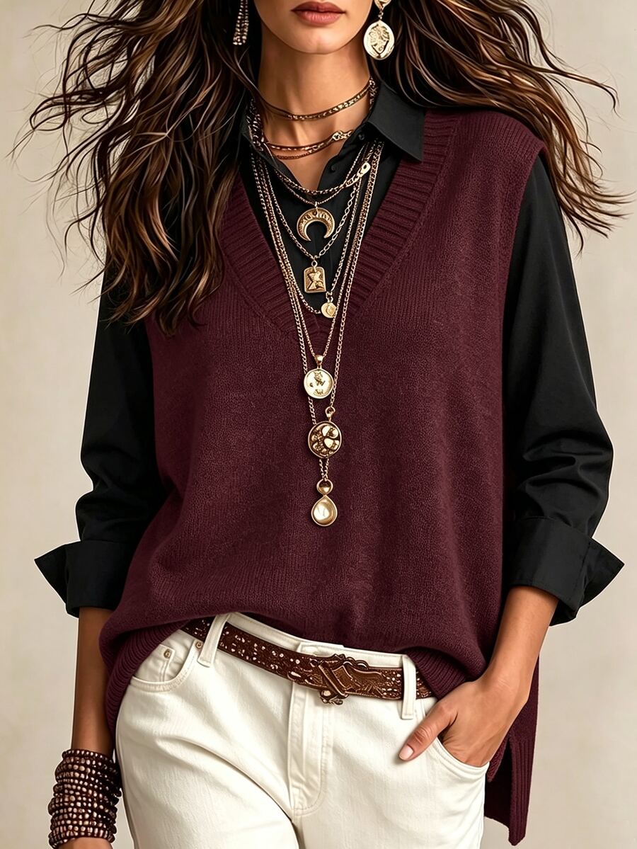 SHEIN PariChic Split High Low Hem Sweater Vest Without Shirt - Burgundy - View 1