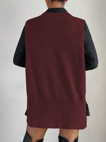 SHEIN PariChic Split High Low Hem Sweater Vest Without Shirt - Burgundy - View 2