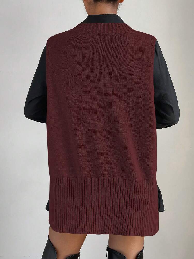 SHEIN PariChic Split High Low Hem Sweater Vest Without Shirt - Burgundy - View 2