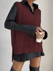 SHEIN PariChic Split High Low Hem Sweater Vest Without Shirt - Burgundy - View 7