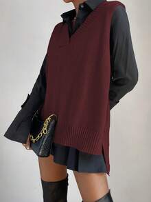 SHEIN PariChic Split High Low Hem Sweater Vest Without Shirt - Burgundy - View 8