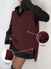 SHEIN PariChic Split High Low Hem Sweater Vest Without Shirt - Burgundy - View 3