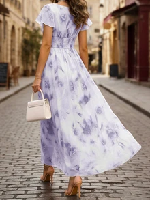 EMERY ROSE V-Neck Elegant Ruffle Hem Floral Print Waist Cinched A-Line Midi Dress, Romantic & Fashionable For Vacation - Multicolor - View 2